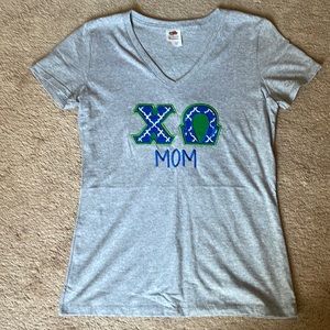 Chi Omega, mom shirt - custom-made Greek letters - royal blue & green - size S